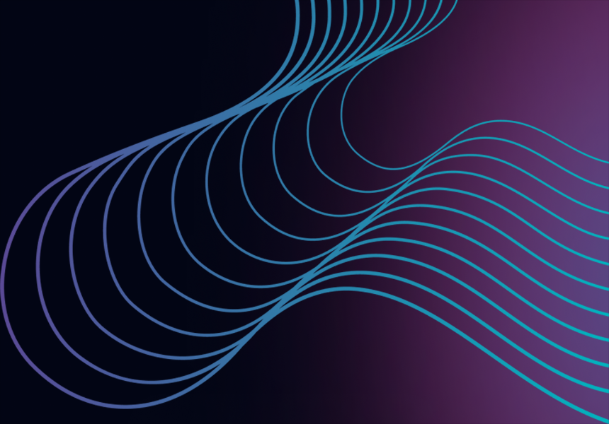 Abstract flowing curves in blue and pink gradients on a dark background