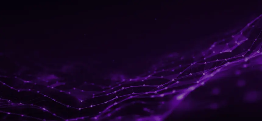 Abstract purple digital network with glowing interconnected nodes