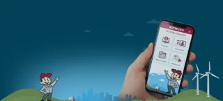Illustration of EDCO's mascot character in the background and hand holding mobile phone with EDCO website in the foreground
